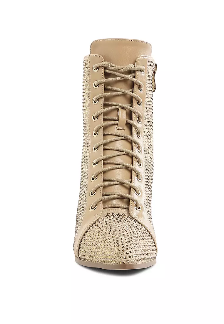 Rhinestone Embellished Ankle Boots In Beige