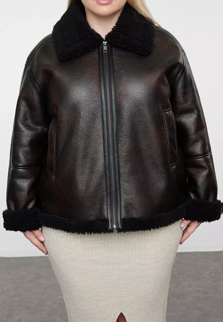 Brown Regular Fit Faux Leather Biker Coat with Fur Detail TBBAW25AW00001