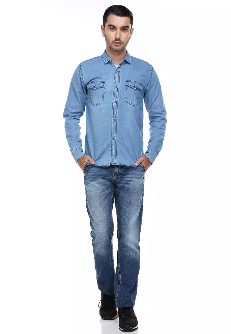 Dwan Casual Shirt Baju Kemeja Jeans Pria Lengan Panjang Material Denim ORIGINAL - Light Blue