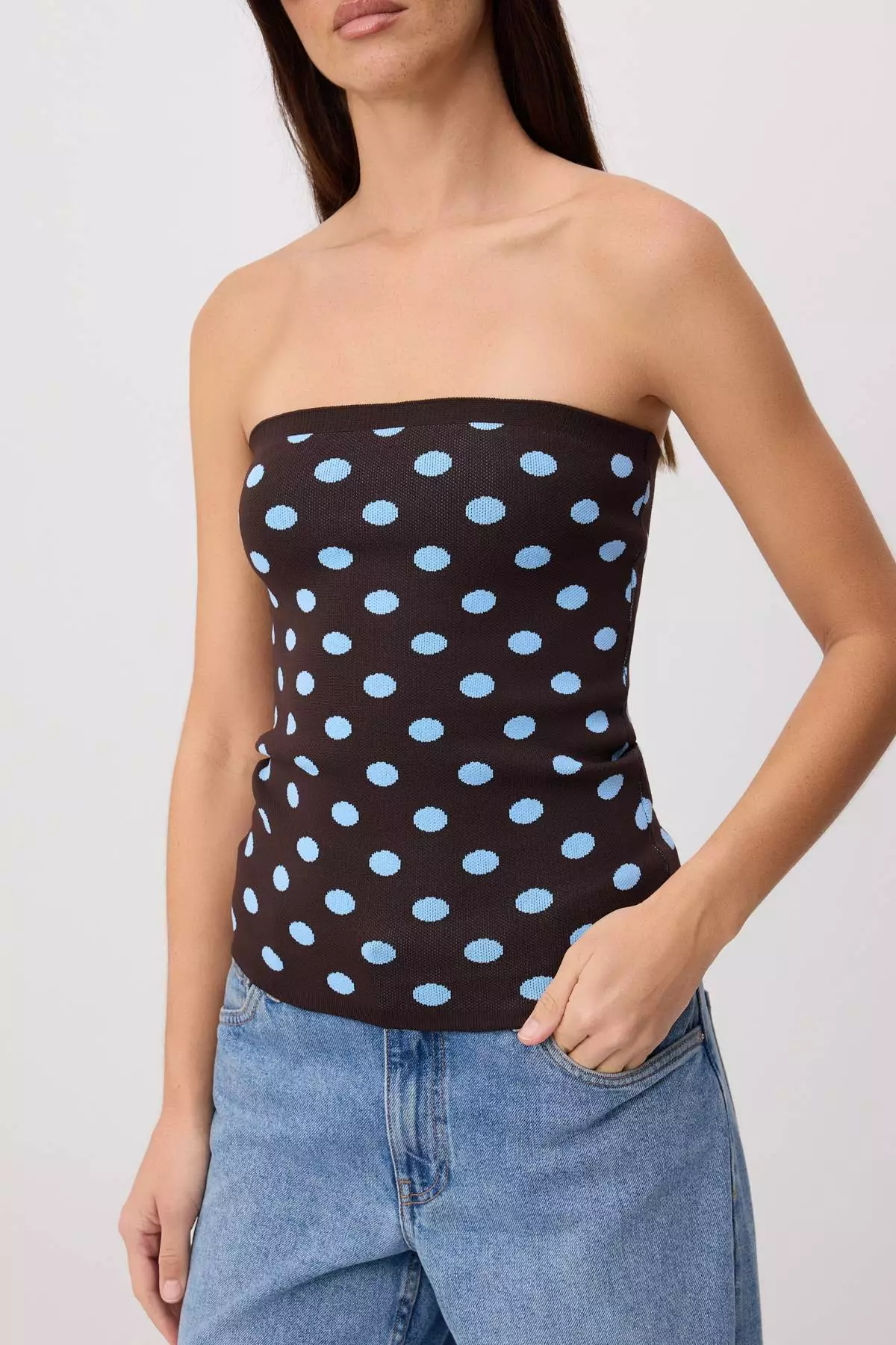 Brown Strapless Polka Dot Knitwear Blouse Twoss26Bz00323