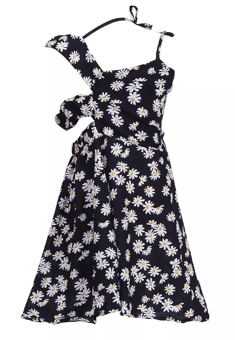 Bianca Gaun Selempang Anak Perempuan Motif Bunga Kids Dresses Sleeveless Material Chiffon ORIGINAL - Black