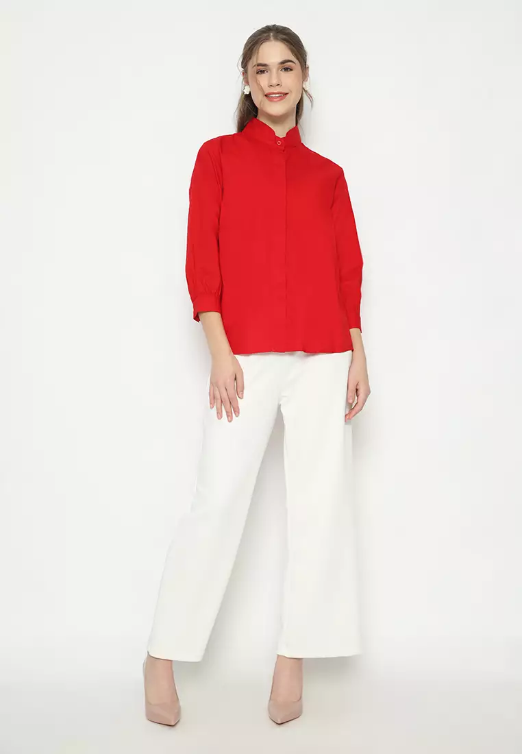 Sanghai Shirt Material Cotton In Red And Green By Brilliant Girl Warna MERAH