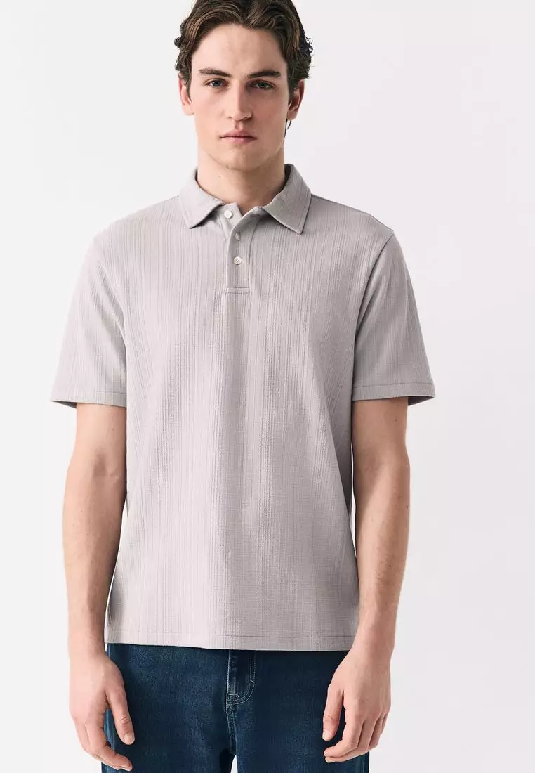 Crepe Textured Button Neck Polo Shirt