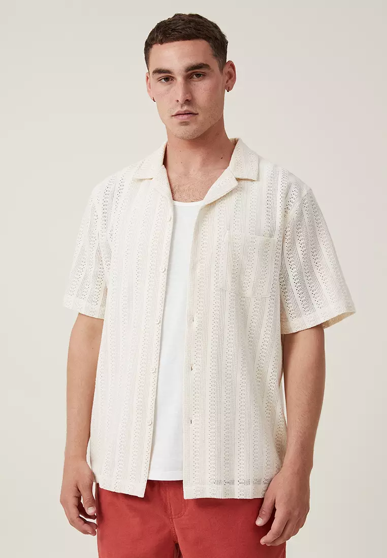 Seersucker Tall Men's Short Sleeve Shirt in Ecru