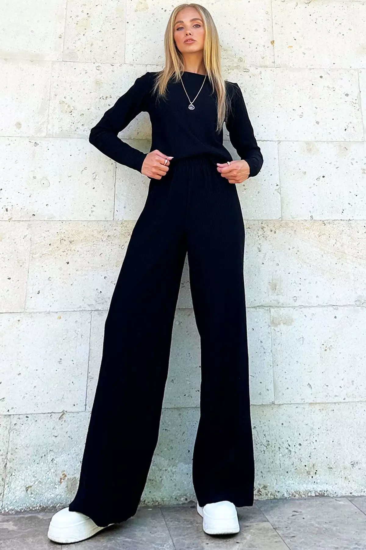 Knitted Blouse and Palazzo Pants Set