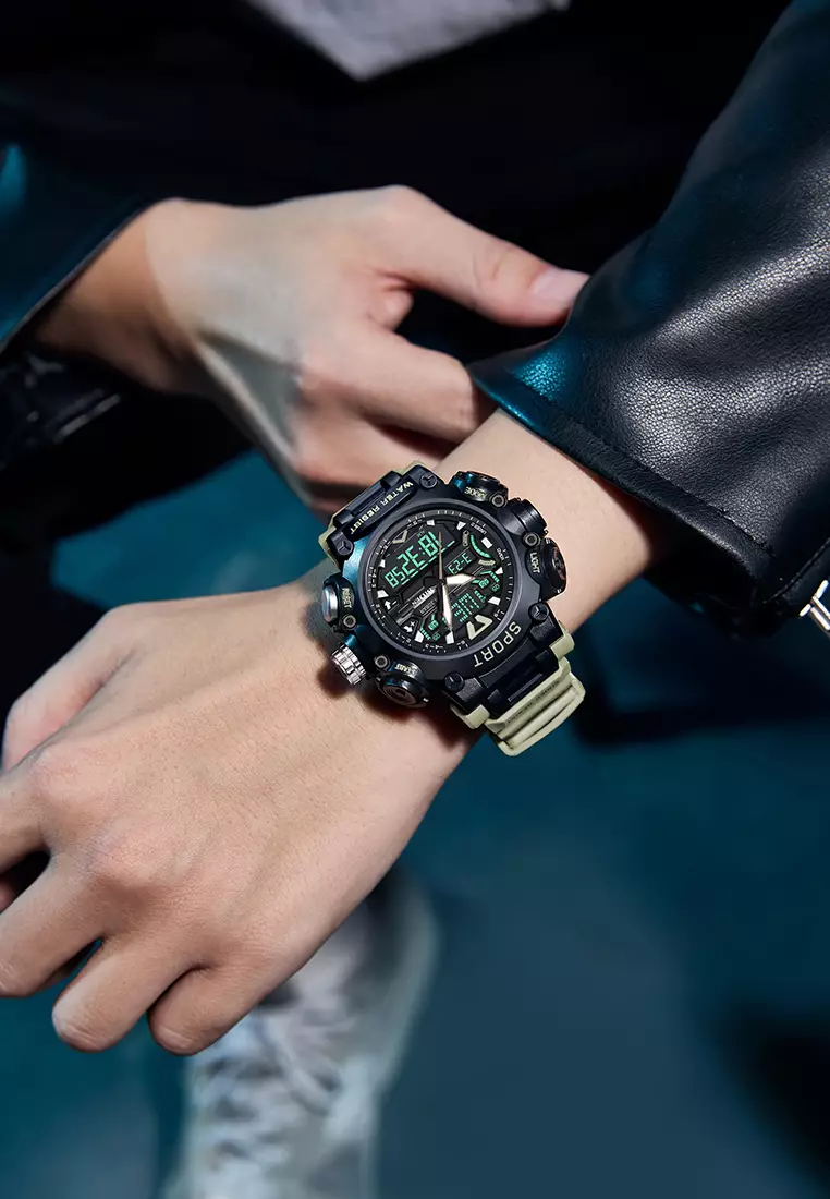 Jam Tangan Pria Digital Anti Air Original Olahraga Multifungsi Bercahaya Alarm Jam Tangan Cowok khaki