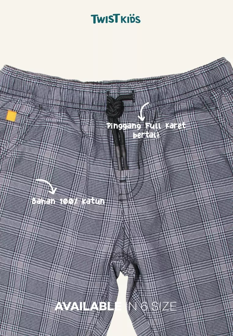 Twist Kids [Official Store] - Cleine C, Bawahan/Celana/Celana Katun Panjang Full Karet Motif Kotak-Kotak Anak Laki-laki (4-14 tahun) Warna Abu-Abu (Grey)