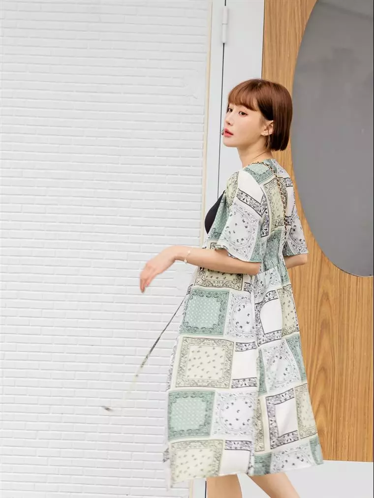 Printed waist tie long tunic dress [EA3353]