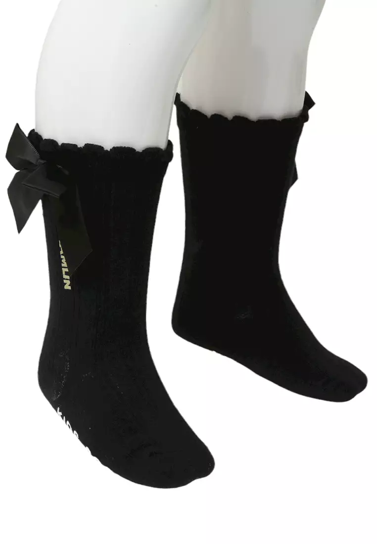 Candie Kaos Kaki Panjang Anak Perempuan Desain Pita Kids Socks Anti Slip Material Cotton ORIGINAL - Black
