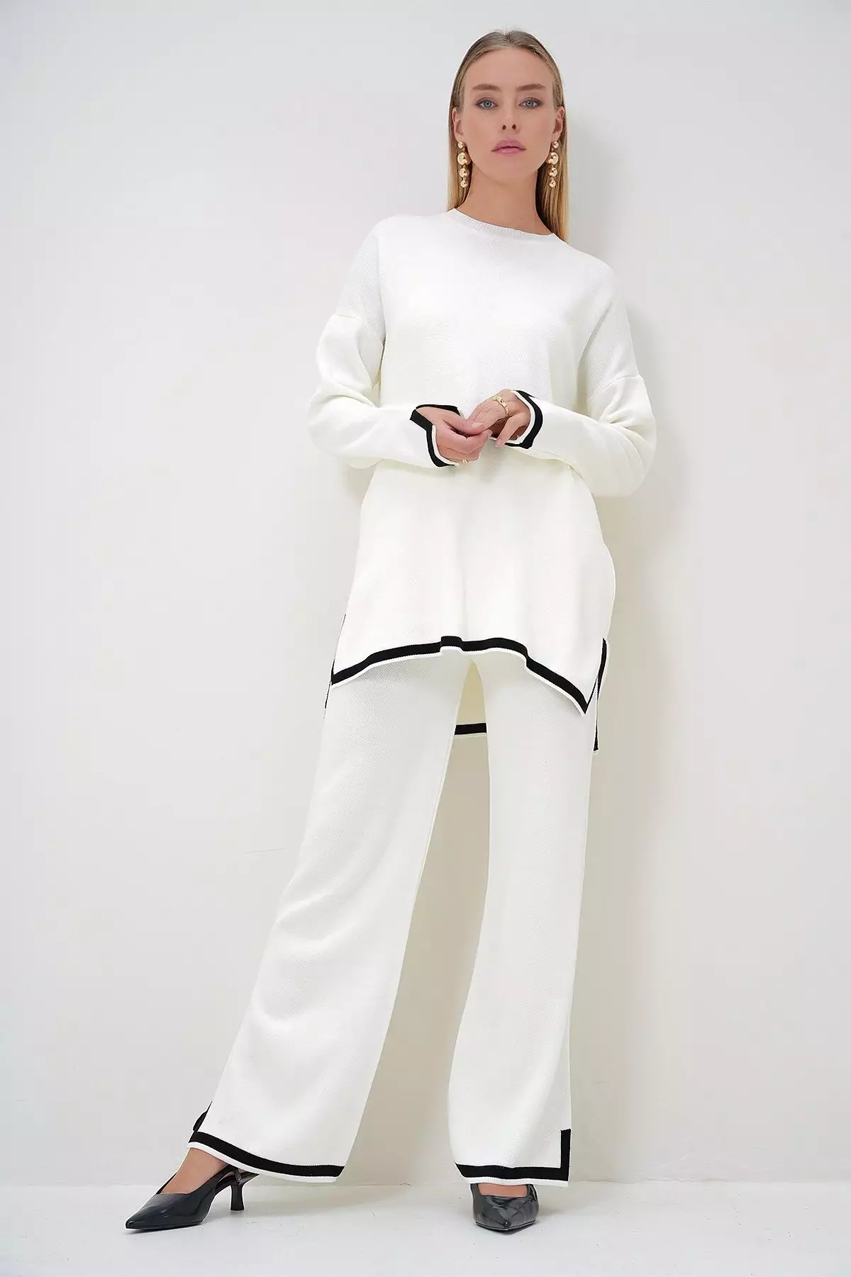 Women's Beige Crew Neck Stripe Detailed Knitwear Tunic and Trouser Set