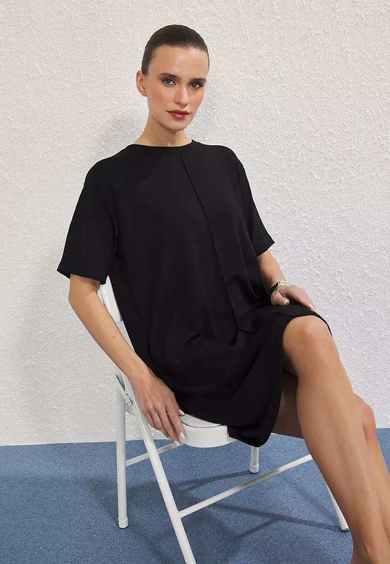 Black Soft Ribbed Shift/Straight Cut Mini Knit Dress TWOSS25EL00778