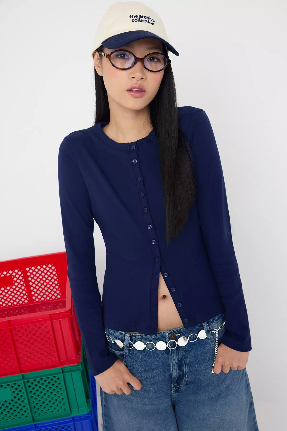 Teen Wardrobe Essentials – Navy Blue Button-Down Stretch Knit Blouse | Twoaw26Bz00007