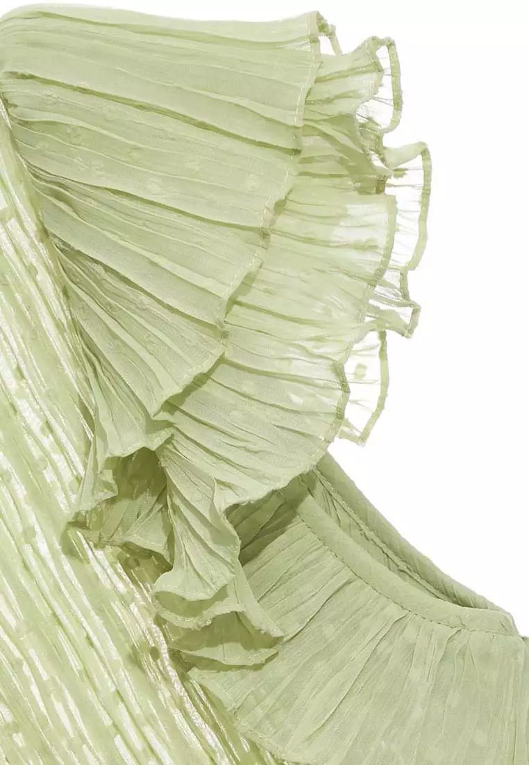 Loose Fit Green Vest With Pleated Ruffle Detail