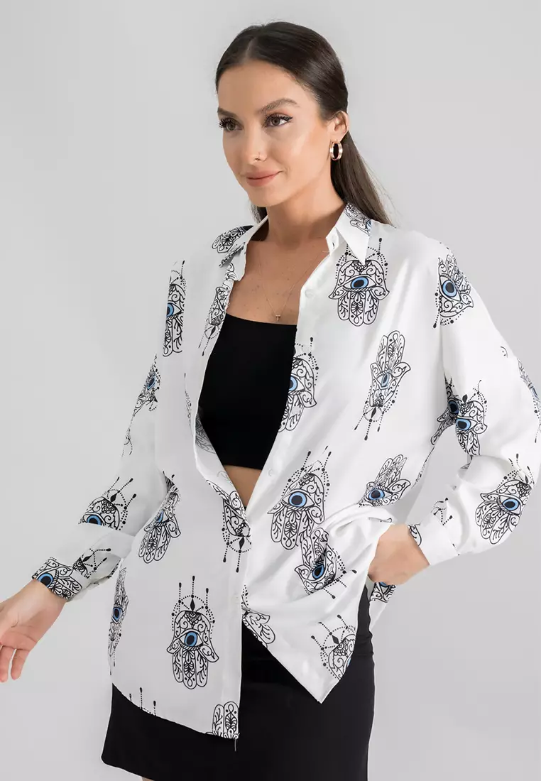 ARMONIKA Light Blue Patterned Oversize Long Basic Shirt