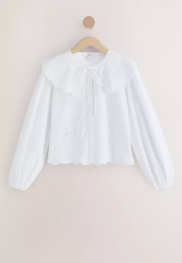 Statement Collar Broderie Long Sleeve Blouse