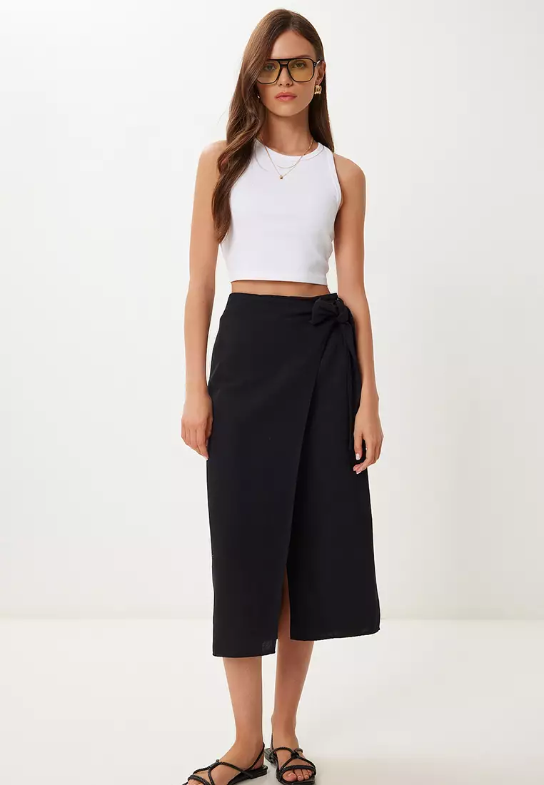 Women's Black Asymmetrical Linen Skirt With Tie Detail Bv00132