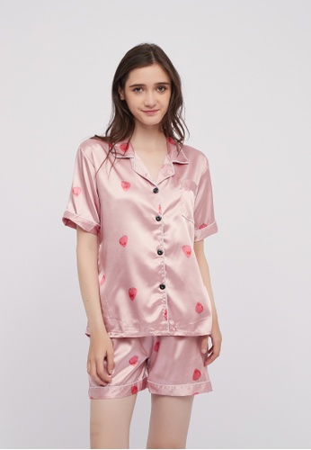 Shapes and Curves Strawberry Printed Silk Pajama Set Lounge Wear Sleepwear  | ZALORA Philippines