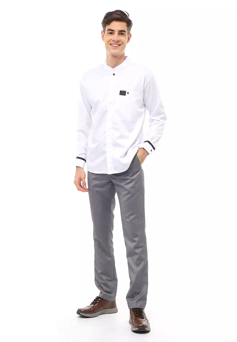 Dwan Atasan Formal Pria Kemeja Koko Simple Motive Long Sleeve Material Cotton ORIGINAL -  White