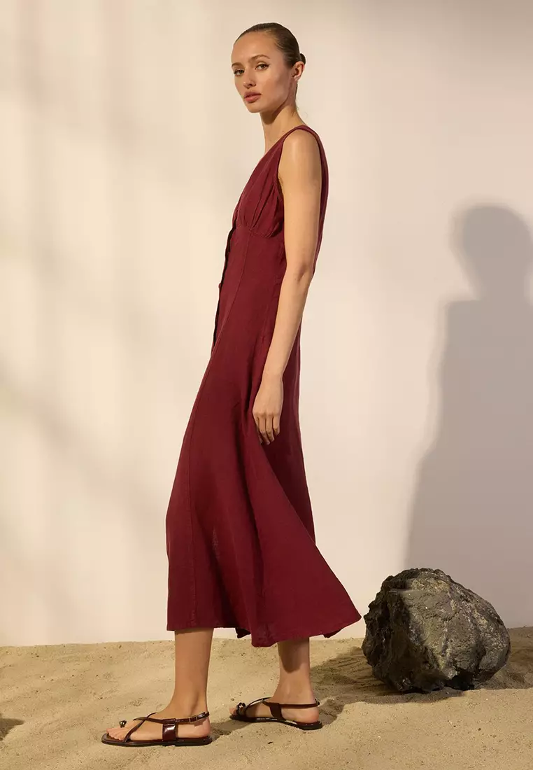Burgundy 100% Linen Midi Button Detail V-Neck Dress Twoss25El00635