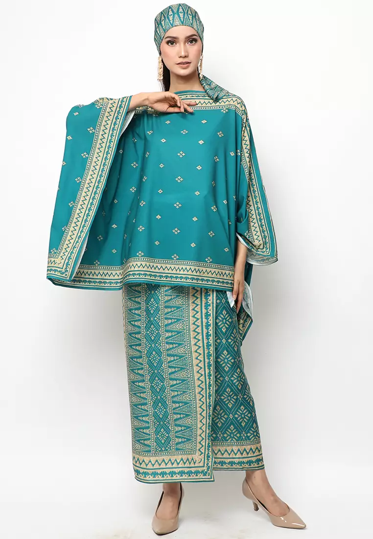 Kanzi Collection Songket R-Neck Teal Green Sarong Set