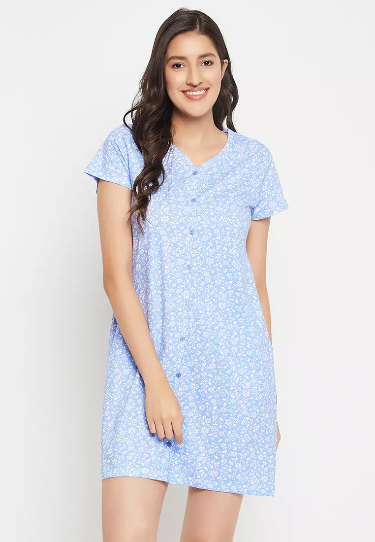 Buy Clovia Pretty Florals Button Down Night Dress in Baby Blue
