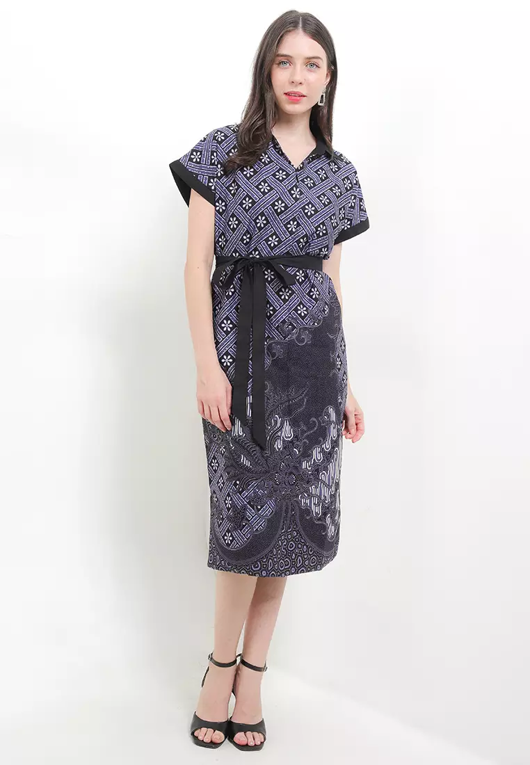 Dress Batik Wanita Davena Short Sleeves Lining Black Navy Belt