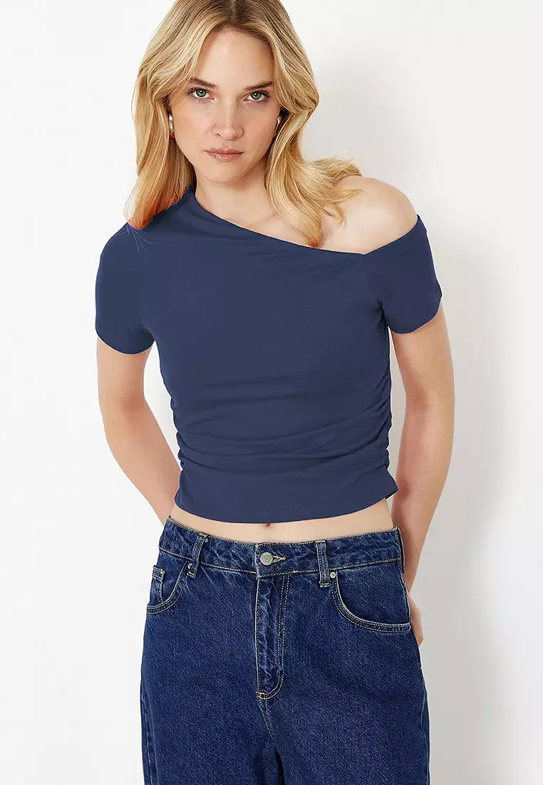 Indigo Gathered Asymmetrical Neckline Stretchy Knitted Blouse