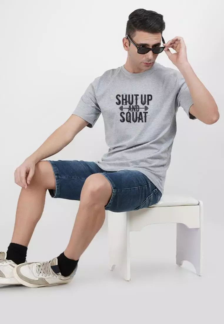 Shut up and Squat Grey Cotton Short Sleeve Crew Neck Workout/Training Tee