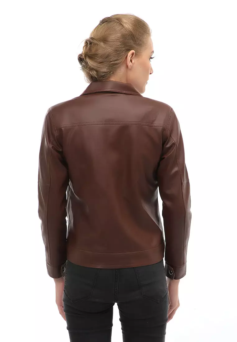 Glenice Jacket Outer Fashion Wanita Zipper Pocket Elegant Design Material Leather ORIGINAL - Brown