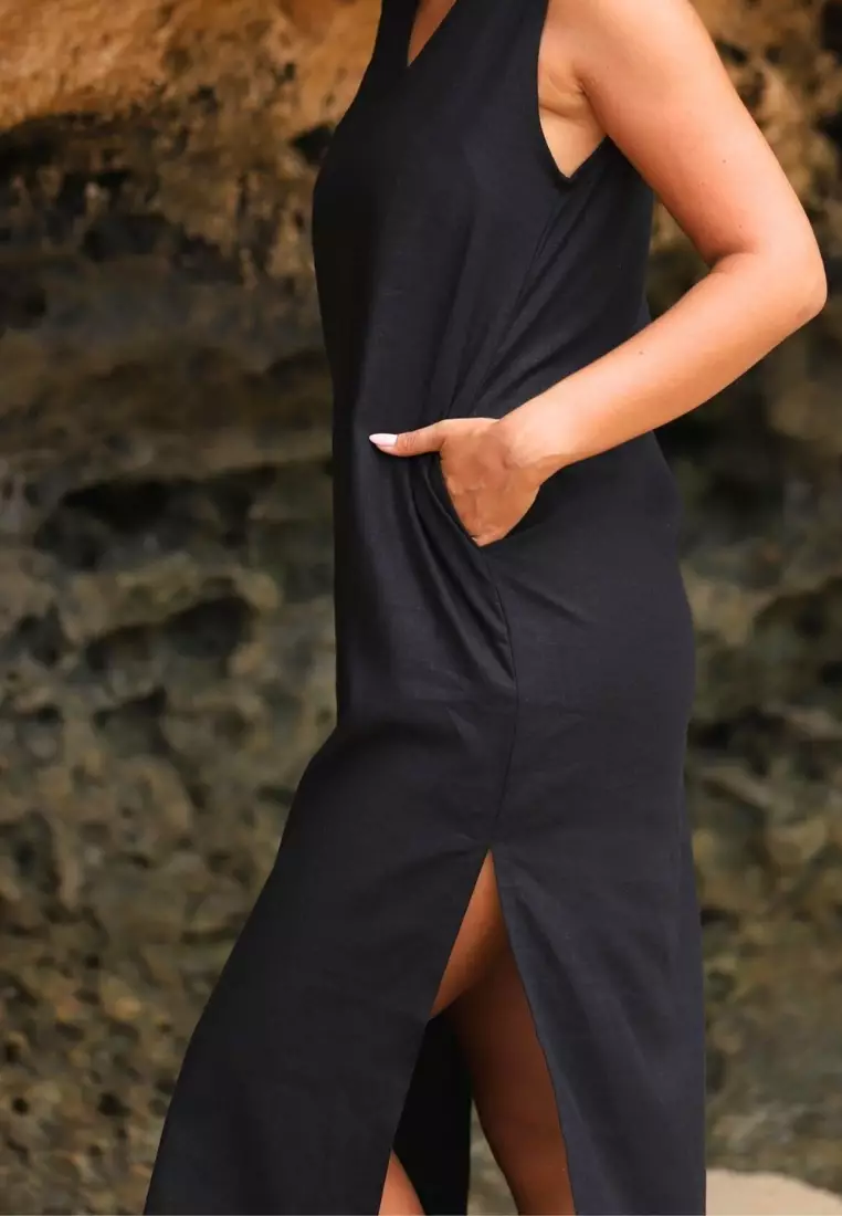 Midnight Dress Linen Wanita Hitam | Linen Dress Women Black