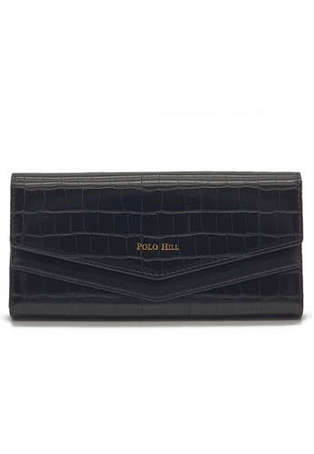 POLO HILL black POLO HILL Ladies Croc Textured Long Flap Over Tri-Fold Wallet 49032AC06F0F58GS_1