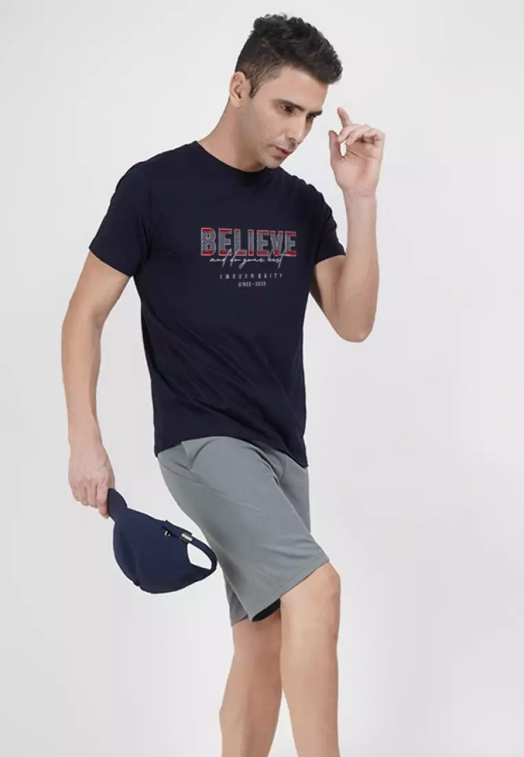 Believe 印花海军蓝色棉质短袖圆领休闲 T 恤