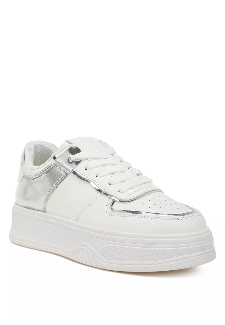 Metallic Paneling Platform Sneakers in White Silver