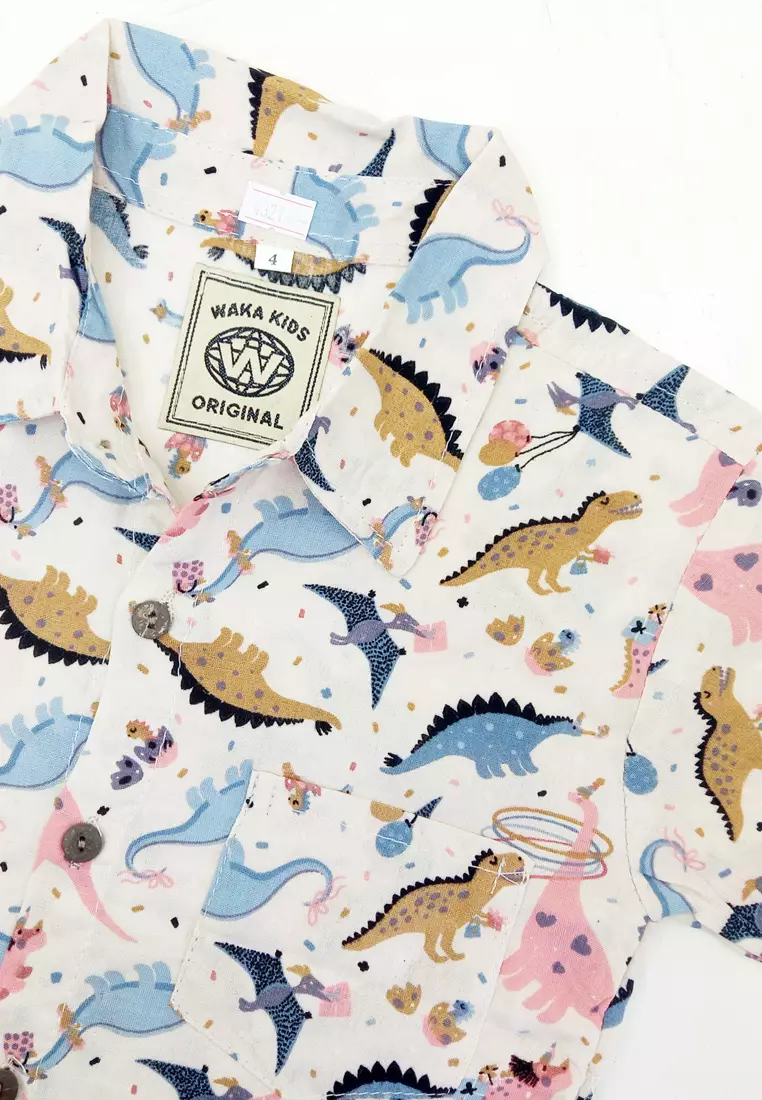 Wakakids Kemeja Anak Laki Laki Usia 1 Tahun Hingga 5 Tahun Atasan Baju Kerah Collar Shirt Pattern Motif Jurassic Dino 4321 Vensk