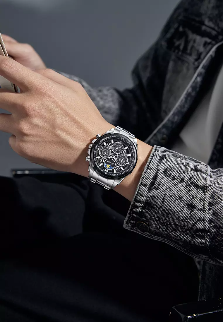 Jam Tangan Pria Bercahaya Kalender Kasual Jam Tangan Cowok Kuarsa Original Tali Stainless Steel Anti Air silverblack