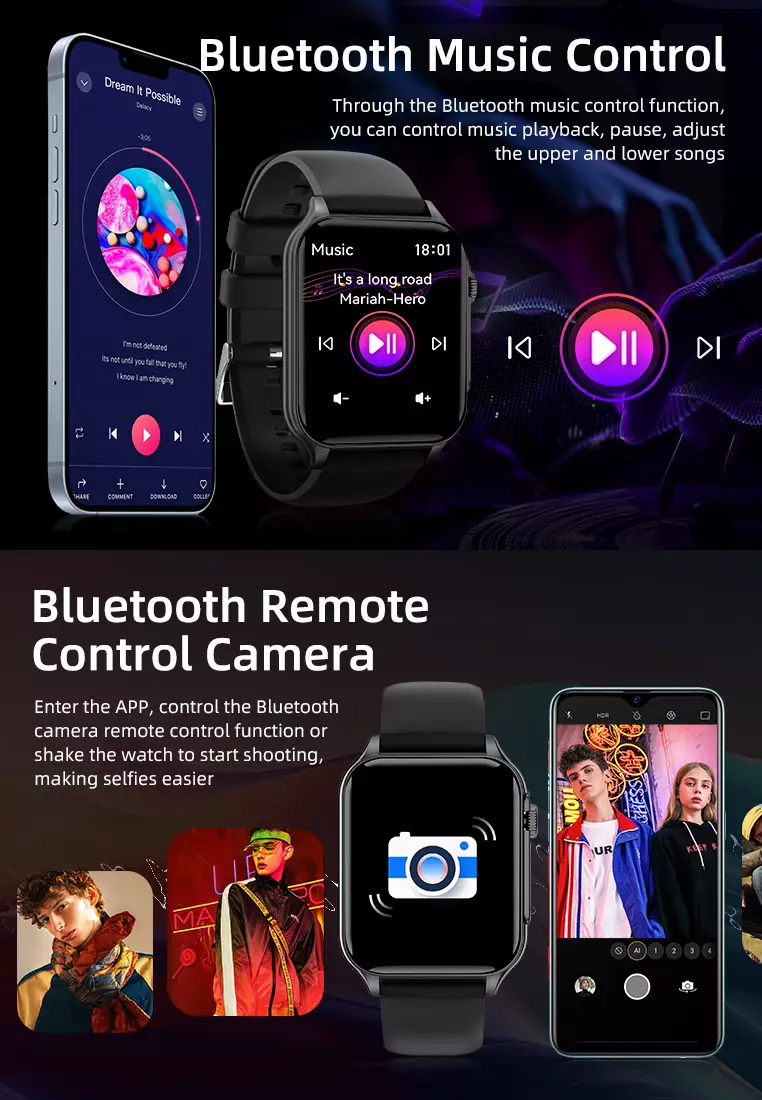 SmartWatch Layar1.96" Fungsi Alarm Denyut Jantung Jam Pintar FitnessTracker Bluetooth Musik black dengan gelang gratis