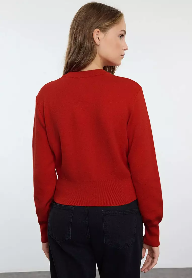 Dark Red Premium Yarn/Special Yarn Crop Rose Button Jacket Look Knitwear Cardigan Twoaw25Hi00110