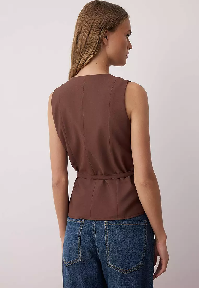 Brown Belted Tie Detail Double Breasted Closure Soft Buttoned Vest