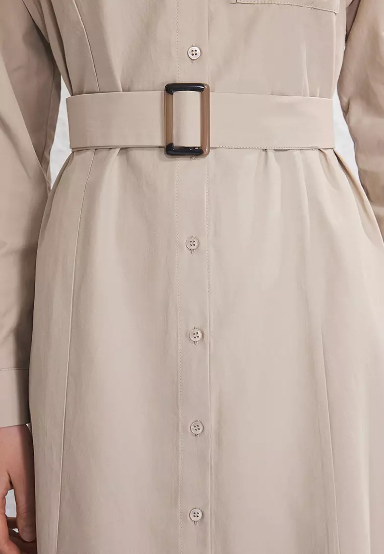 Beige Belt Buckle Detailed Woven Terrycotton Dress Tctss25Eb00134