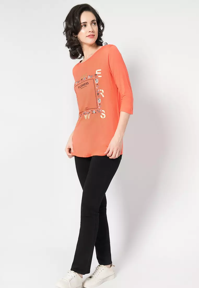 LGS Kaos Wanita Lengan Panjang Slim Fit Orange Sablon FLOWER Size