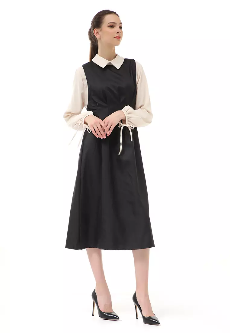 Rachel Midi Dress Wanita Slim Waist Lengan Karet Kombinasi Warna Material Cotton ORIGINAL - Black