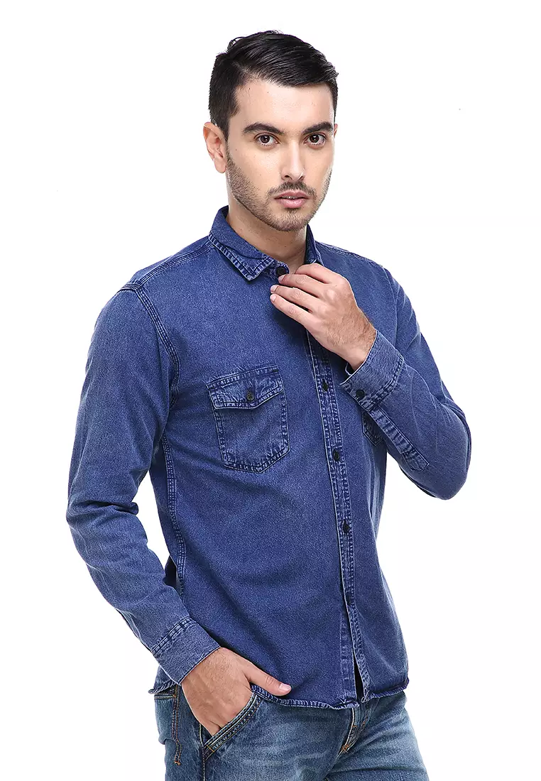 Dwan Casual Shirt Baju Kemeja Jeans Pria Lengan Panjang Material Denim ORIGINAL - Navy