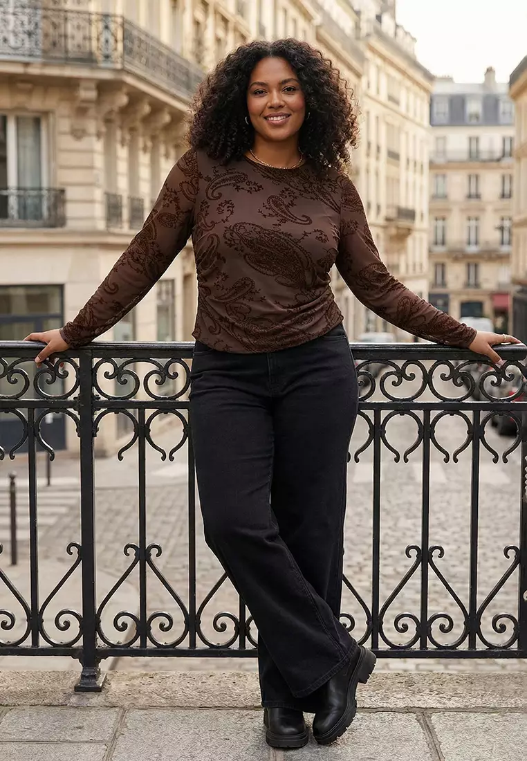Brown Fitted/Fitted To The Body Flock Printed Tulle Long Sleeve Boat Neck Knitted Tbbaw26Af00130