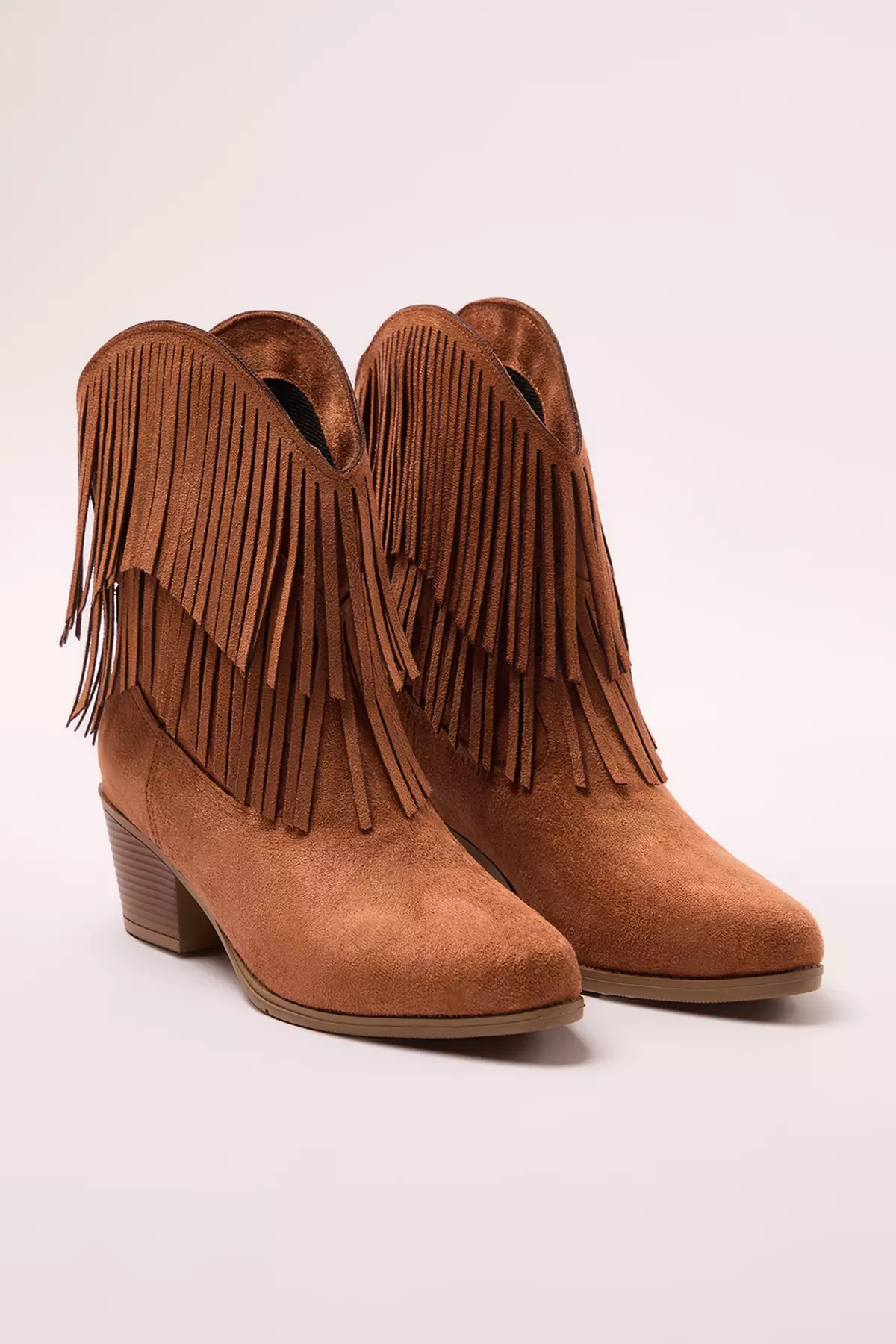 Tan Suede Brown Tasseled Cowboy Block Heeled Women's Boots Takaw25Bo00031