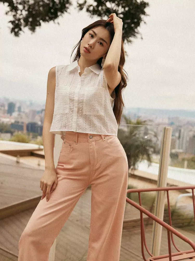 Cotton lace button-front sleeveless top [AB19449]
