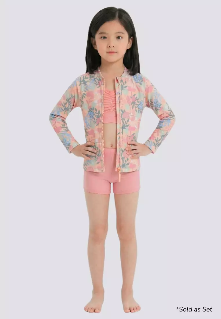 Dreamy Petals 3 in 1 Long Sleeved Rashguard Bikini Set UPF 50 Protection Swimwear for Kids Girls