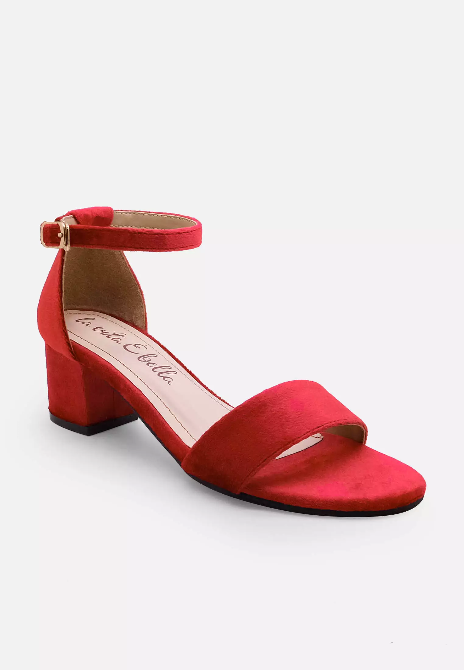 Blanche Ankle Strap Sandal Block Heels Wanita Suede Velvet