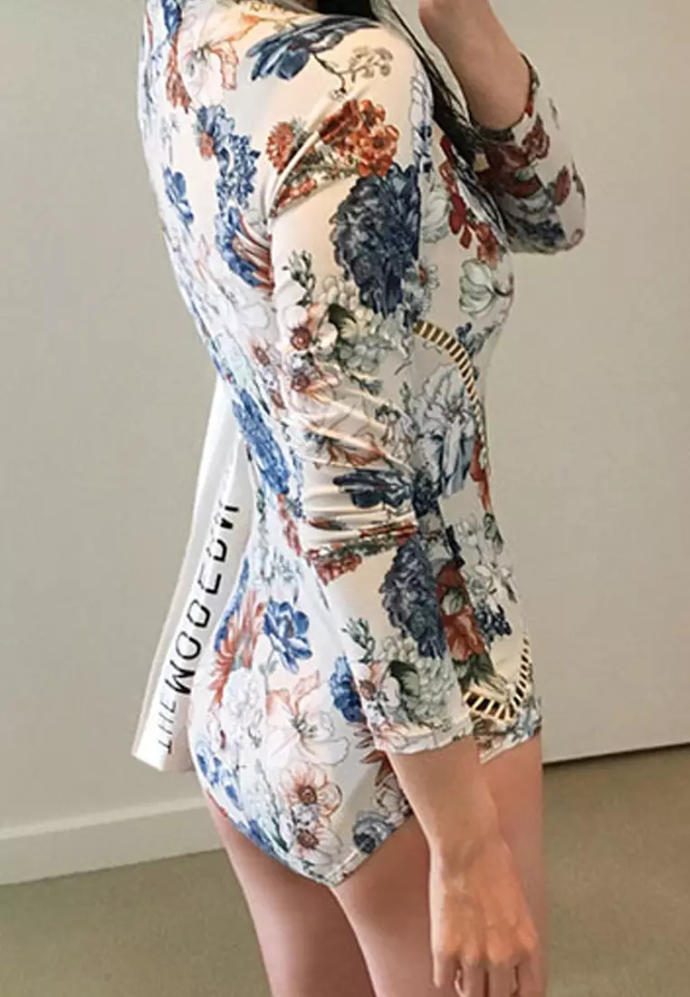 Floral Long Sleeves Zip-Up One-Piece Swimsuit CA060713