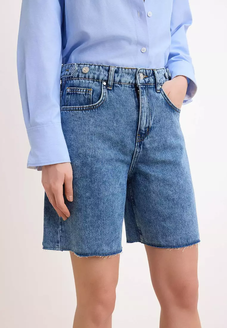 Blue Adjustable Waist High Waist Denim Bermuda Twoss26Sr144