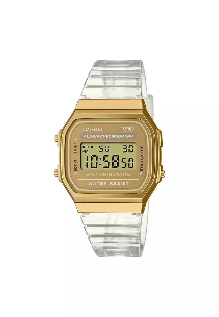 Jam Tangan Unisex Casio General A168XESG-9ADF Vintage Gold Digital Dial Transparent Resin Band